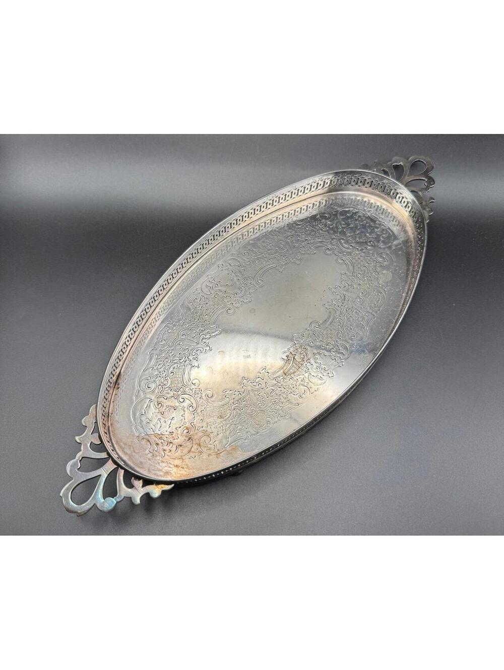 Vintage Rogers & Bro Silverplate Oval Waiter Serving Tray Handles Pattern 9209